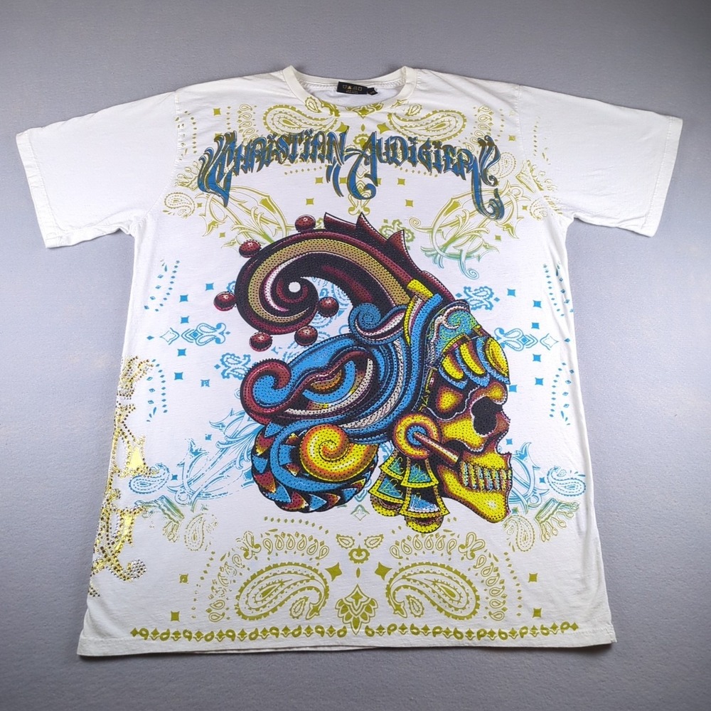 Christian Audigier Aztec Skull Shirt Mens XXL White Gold Blue Rhinestones Y2K